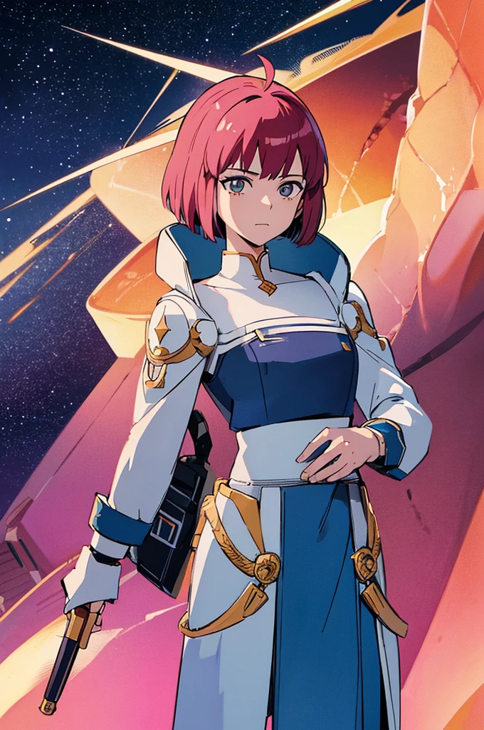 Highest quality, masterpiece, High resolution, alone, （Haman Khan），（機動戦士ZGundam），（Zeon_uniform），（Black‗Mantle），（pink_Hair Color），Gundam，Cybele，（Funnel）、Bob haircut，Bangs‗Hairstyle，Young Girl，Starry Sky_background，Anime Style, Highest quality, 4K, masterpiece,， alone, 1,whole body，looking at the camera, Shinkai Makoto style, Sharp Eyes，（Full Finger）, （Accurate fingertips）, （The finer details）, （Anatomically correct）, (映画のbackground), Hyper Detail, (Subtle details), (Intricate details),