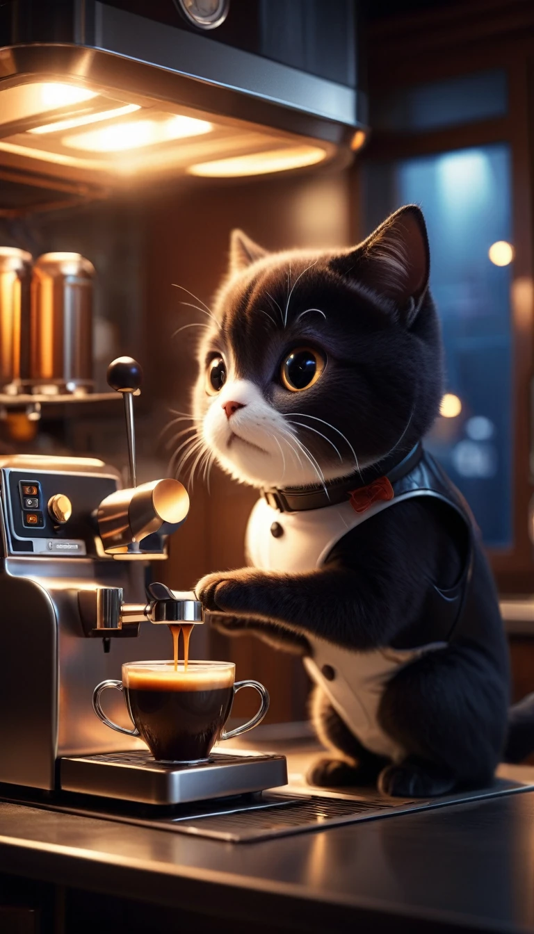 Ghibli-style space capsule background, Technically sophisticated、A more adorable butler(eyes are bright and clear) ,Turn on the coffee machine in the kitchen,Detailed preparation of a cup of coffee, concentrated, Cinematic visuals, Ultra-detailed cinematic lighting effects, Fantasy art and mystical atmosphere,Dramatic lighting with depth of field
