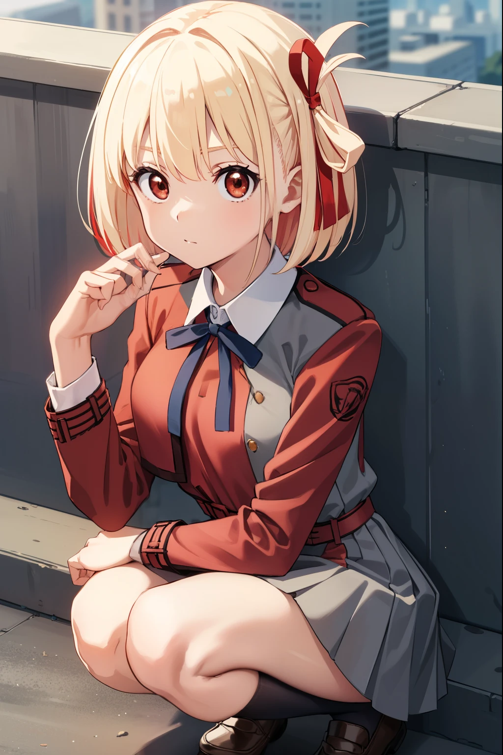 (masterpiece:1.2), Highest quality, High resolution, unity 8k wallpaper, (figure:0.8), (Beautiful attention to detail:1.6), Highly detailed face, Perfect lighting, Highly detailed CG, (Perfect hands, Perfect Anatomy), Chisato Nishiki, short hair, bangs, Blonde, (Red eyes:1.5), Hair ribbon, One side up, Bobcut,
Break Shirt, Long sleeve, dress, ribbon, White shirt, Collared shirt, belt, Neck ribbon, Red dress, Blue ribbon, Pleated dress, grey dress, Two-tone dresses, Red belt, Licorice Uniform, black high socks, loafers, Outdoor rest, city, View your viewers, squatting, from above