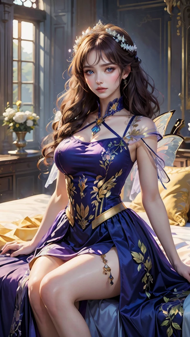 Best Quality, Masterpiece, ultra high resolution, photo and gross, beautiful and aesthetic, deep shadow, fairy theme,(ultra detailed:1.3),
1 girl, sitting pose, flower headdress, pierce hair, wide, by rubio, faded hair, yellow eyes, Alone, huge breasts, long hair, blue fur, Divine Goddess, looking at the viewer, inside, double bedroom, empress bed, room full of curtain, Astraea, whole body, purple dress, fairy dress, transparent dress, NSFW NSFW
