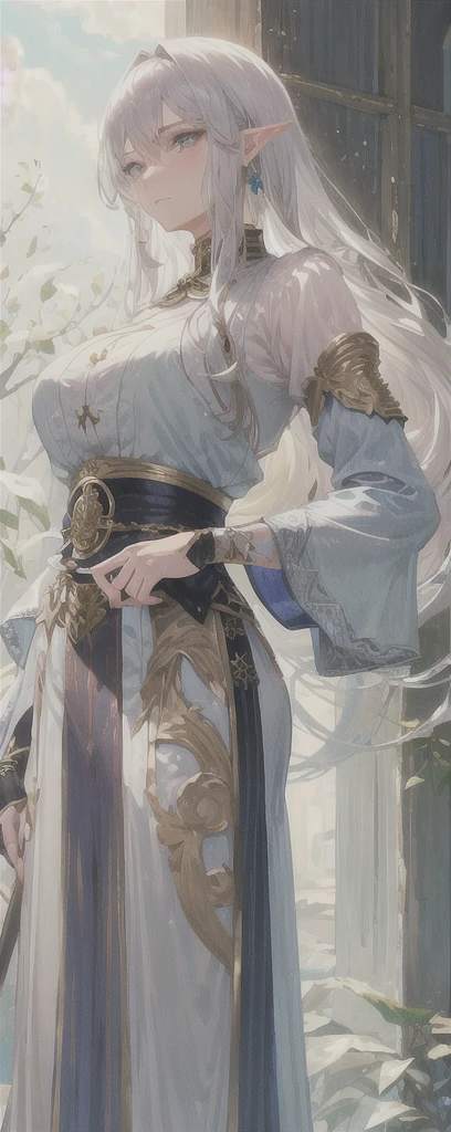 silver-haired elves、Has a beautiful giant sword、Gold decorated weapon、The blade is thick、Beautifully decorated blade、