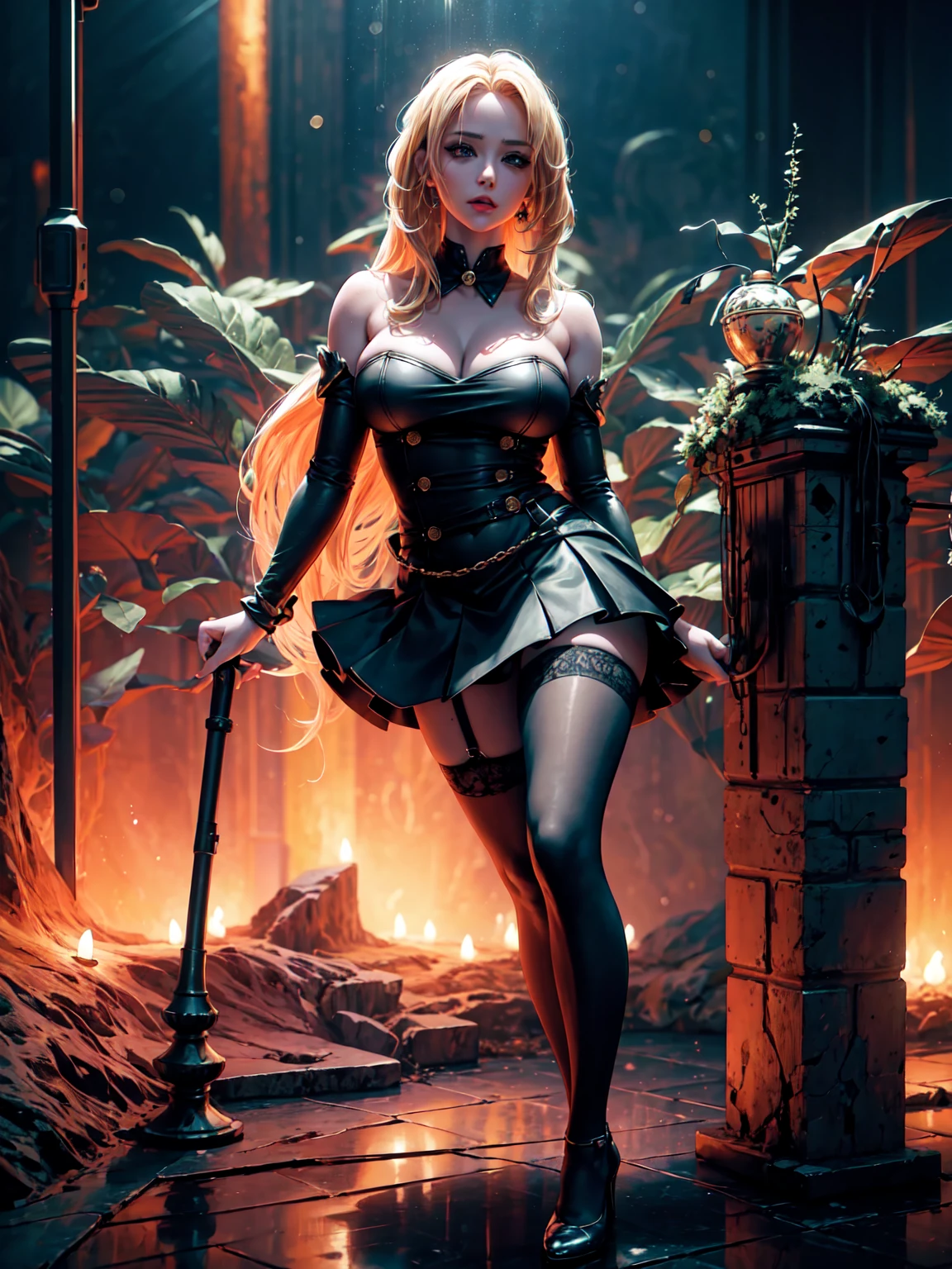 a beautiful blonde girl in a rich 3D 2D scene, wearing a skirt, stockings, and high heels, with a poisonous expression, highly detailed, cinematic lighting, vibrant colors, photorealistic, masterpiece, 8k, (best quality,4k,8k,highres,masterpiece:1.2),ultra-detailed,(realistic,photorealistic,photo-realistic:1.37),HDR,UHD,studio lighting,ultra-fine painting,sharp focus,physically-based rendering,extreme detail description,professional,vivid colors,bokeh.