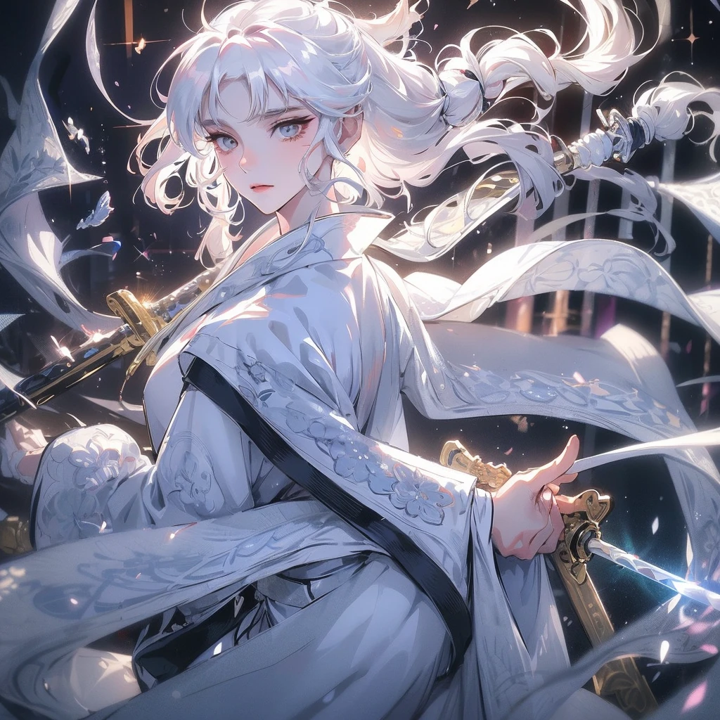 Handsome young man with long white hair wear white kimono,, handsome face, manly, close shot, hd, 8k, close face, intricate details, highly detailed, 8k hd unreal engine, dreamy, white kimono, magic glitter, dark fantasy, fur scarf on right shoulder, sword, inuyasha sesshoumaru