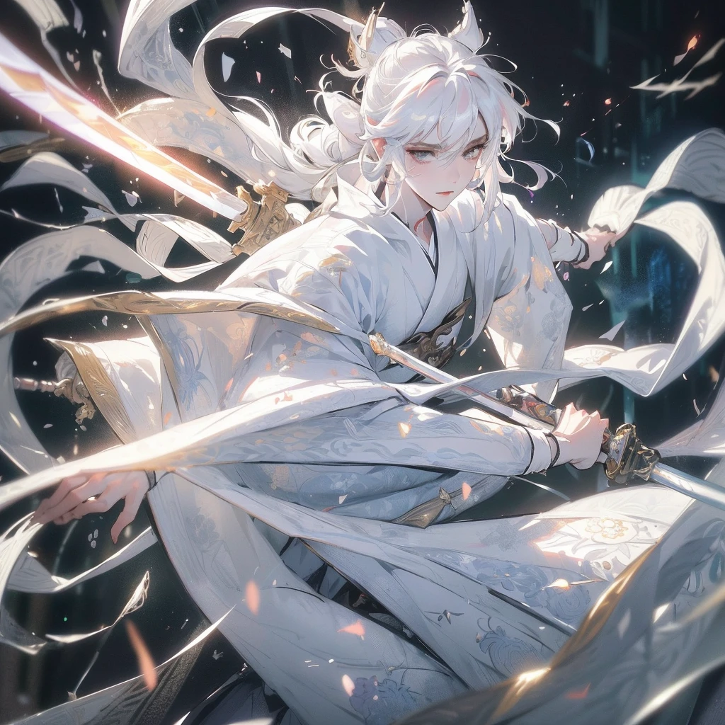 Handsome young man with long white hair wear white kimono,, handsome face, manly, close shot, hd, 8k, close face, intricate details, highly detailed, 8k hd unreal engine, dreamy, white kimono, magic glitter, dark fantasy, fur scarf on right shoulder, sword, inuyasha sesshoumaru