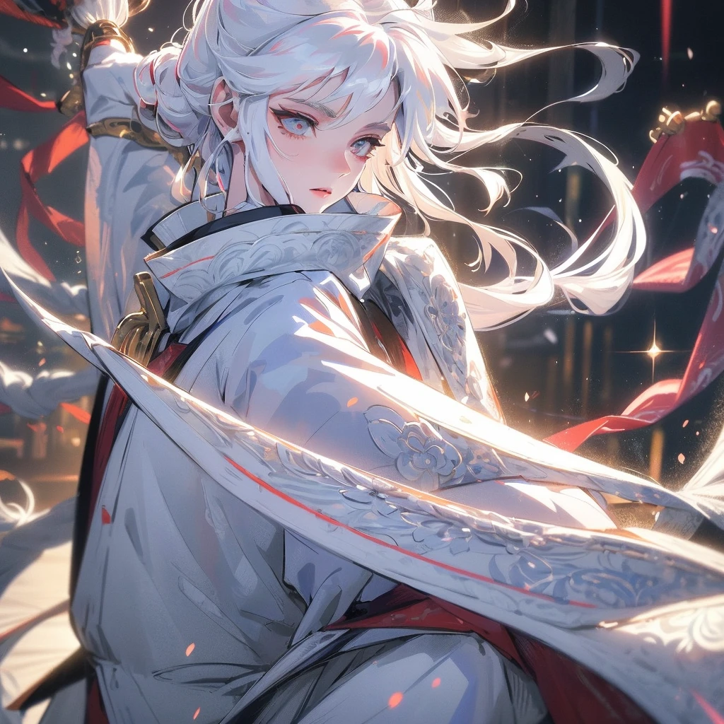 Handsome young man with long white hair wear white kimono,, handsome face, manly, close shot, hd, 8k, close face, intricate details, highly detailed, 8k hd unreal engine, dreamy, white kimono, magic glitter, dark fantasy, fur scarf on right shoulder, sword, inuyasha sesshoumaru