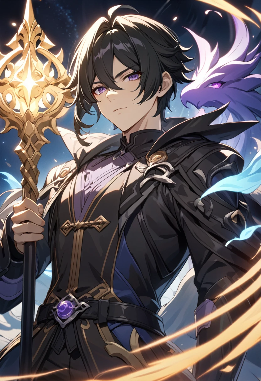 ((solo)), purple eyes, black hair, short messy hair,curly, a close up of a person with a magic staff in a field of magic, spirit in the back, summoner, detailed key anime art, honkai star trail character, casimir art, masamune shiro, masamune, handsome guy in demon slayer art, genshin, heise jinyao, shadowverse style, (no logos), magical, spirit manifestation powers, aura, detailed clothes, depth of field, cinematic lighting, ray tracing, UHD, high details, best quality, highres, high quality, award winning, super detail, masterpiece, 8k