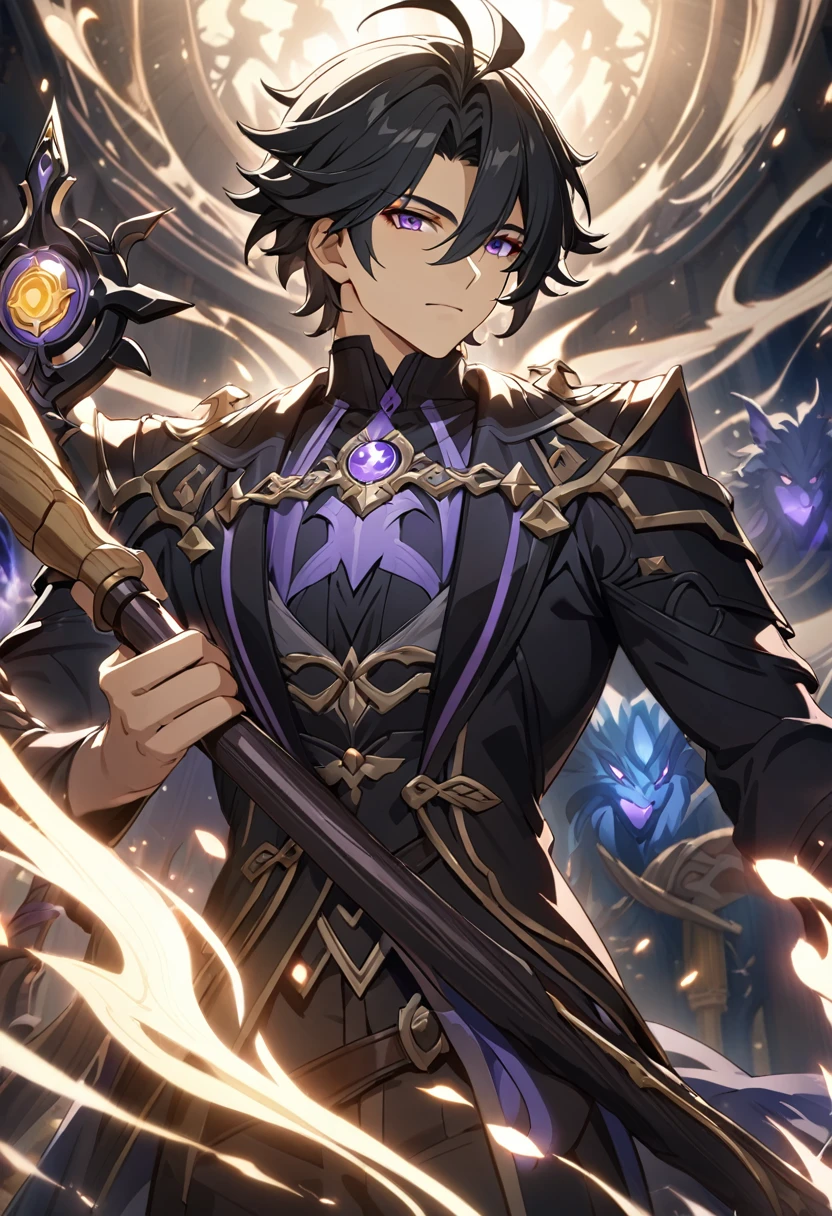 ((solo)), purple eyes, black hair, short messy hair,curly, a close up of a person with a magic staff  in a field of magic, spirit in the back, summoner, detailed key anime art, honkai star trail character, casimir art, masamune shiro, masamune, handsome guy in demon slayer art, genshin, heise jinyao, shadowverse style, (no logos), magical, spirit manifestation powers, aura, detailed clothes, depth of field, cinematic lighting, ray tracing, UHD, high details, best quality, highres, high quality, award winning, super detail, masterpiece, 8k
