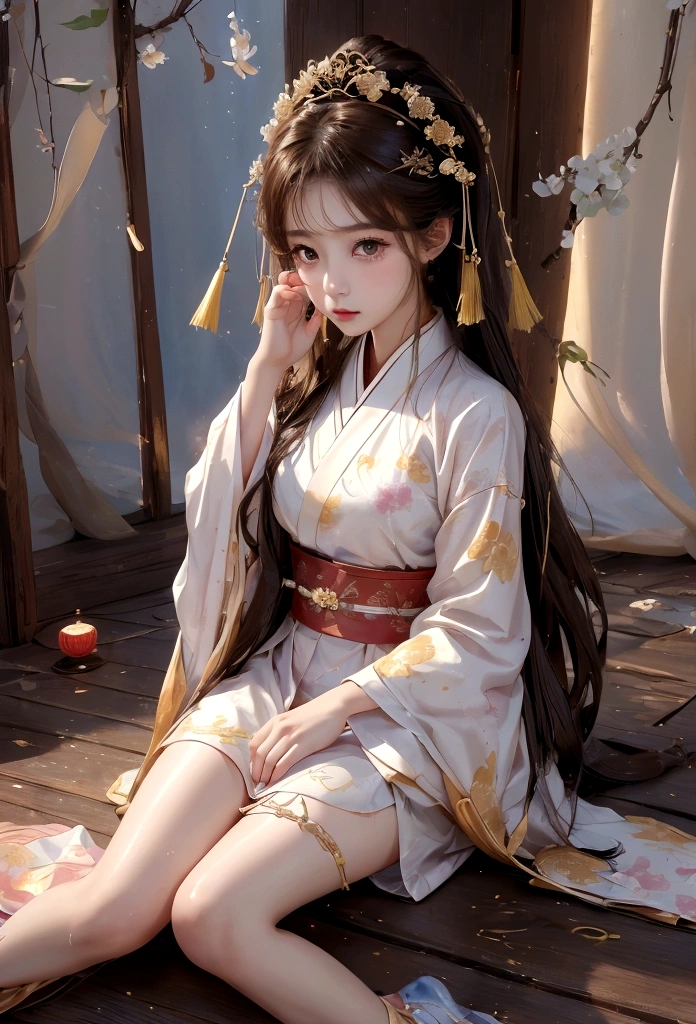 Best image quality、8K、masterpiece：1.3))、Realistic high-quality photos、Highest quality、Girl cute beautiful face、Beautiful 15 year old Japanese girl、Photos of slim models、Beautiful girl model、若いJapanese girl、Young and pretty face、Japanese girl、 year old female model、Beautiful model girl、The innocent look of the girl next door、A lovely and delicate face、Brown Hair、Beautiful brown eyes、Tear bags、drooping eyes、Young Body、(Finely scattered splashes of color), (figure),(((1 Girl))),(Long Hair),(rain:0.9), (Headdress: 1.4), There is an ancient palace next to the girl., Hanfu, (emphasize),  ink painting, (Spattered colors), Spattered colors, (((colorful))), (sketch: 0.8), Tabletop, Highest quality, Beautifully drawn, verydetailedな,(Noise Reduction:0.6),[Splash Ink],((Ink Refraction)), (美しくdetailedな空),moon,very,detailed,(Tabletop, Highest quality, verydetailedな)、Hands on knees、Small breasts、Exposed thighs