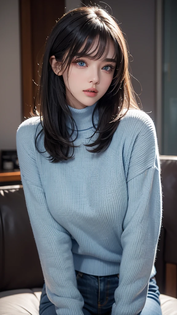 masterpiece, best quality, Very detailed, Facing the camera, Practical, Sharp features, Very detailed, Clear focus, Perfect face, Perfect face, Perfect eyes with perfect symmetry, Perfect plump lips, Flexible female form, Very detailed, hyper Practical, masterpiece, atmosphere, high resolution, Full of energy, enduring happy expressions, Straight bangs, blue eyes,Grey sweater, Blue Jeans,turtleneck sweaterst round、Expression of sexual arousal