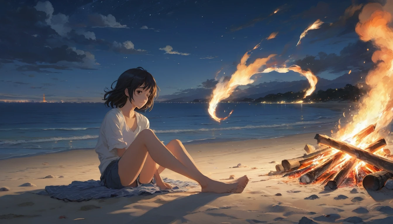 Beach , Anime Realism, The style of Makoto Shinkai and Makoto Niitsu, Highest quality, masterpiece, 8K, Representative works, Official Art, Professional, Super intricate details、Midnight、sitting near the bonfire、Anime Realism,、The style of Makoto Shinkai and Makoto Niitsu, Highest quality, masterpiece, 8K, Representative works, Official Art, Professional, Super intricate details, Girl,Long hair swaying in the wind、