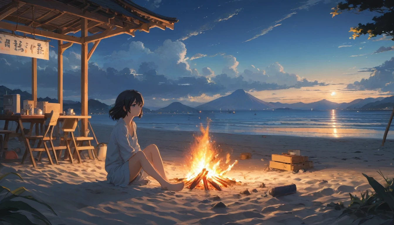 Beach , Anime Realism, The style of Makoto Shinkai and Makoto Niitsu, Highest quality, masterpiece, 8K, Representative works, Official Art, Professional, Super intricate details、Midnight、sitting near the bonfire、Anime Realism,、The style of Makoto Shinkai and Makoto Niitsu, Highest quality, masterpiece, 8K, Representative works, Official Art, Professional, Super intricate details, Girl,Long hair swaying in the wind、