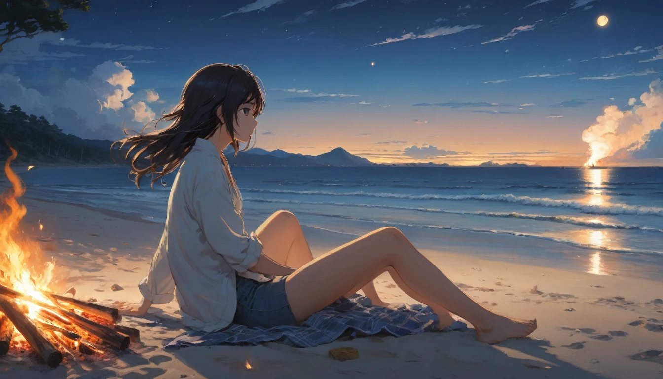 Beach , Anime Realism, The style of Makoto Shinkai and Makoto Niitsu, Highest quality, masterpiece, 8K, Representative works, Official Art, Professional, Super intricate details、Midnight、sitting near the bonfire、Anime Realism,、The style of Makoto Shinkai and Makoto Niitsu, Highest quality, masterpiece, 8K, Representative works, Official Art, Professional, Super intricate details, Girl,Long hair swaying in the wind、