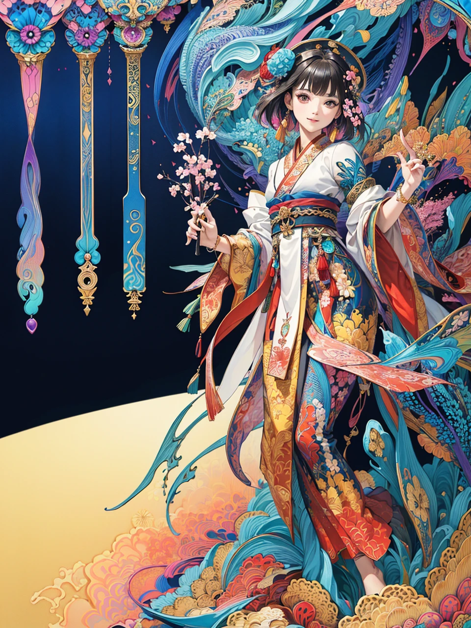 (masterpiece, top quality, best quality, official art, beautiful and aesthetic:1.2), extremely detailed,(fractal art:1.2),colorful,highest detailed,(zentangle:1.2), (dynamic pose), (abstract background:1.5), (many colors:1.4),
1 girl, (-SD15-V1:0.8), black hair, hanfu, song style, cherry blossom season,