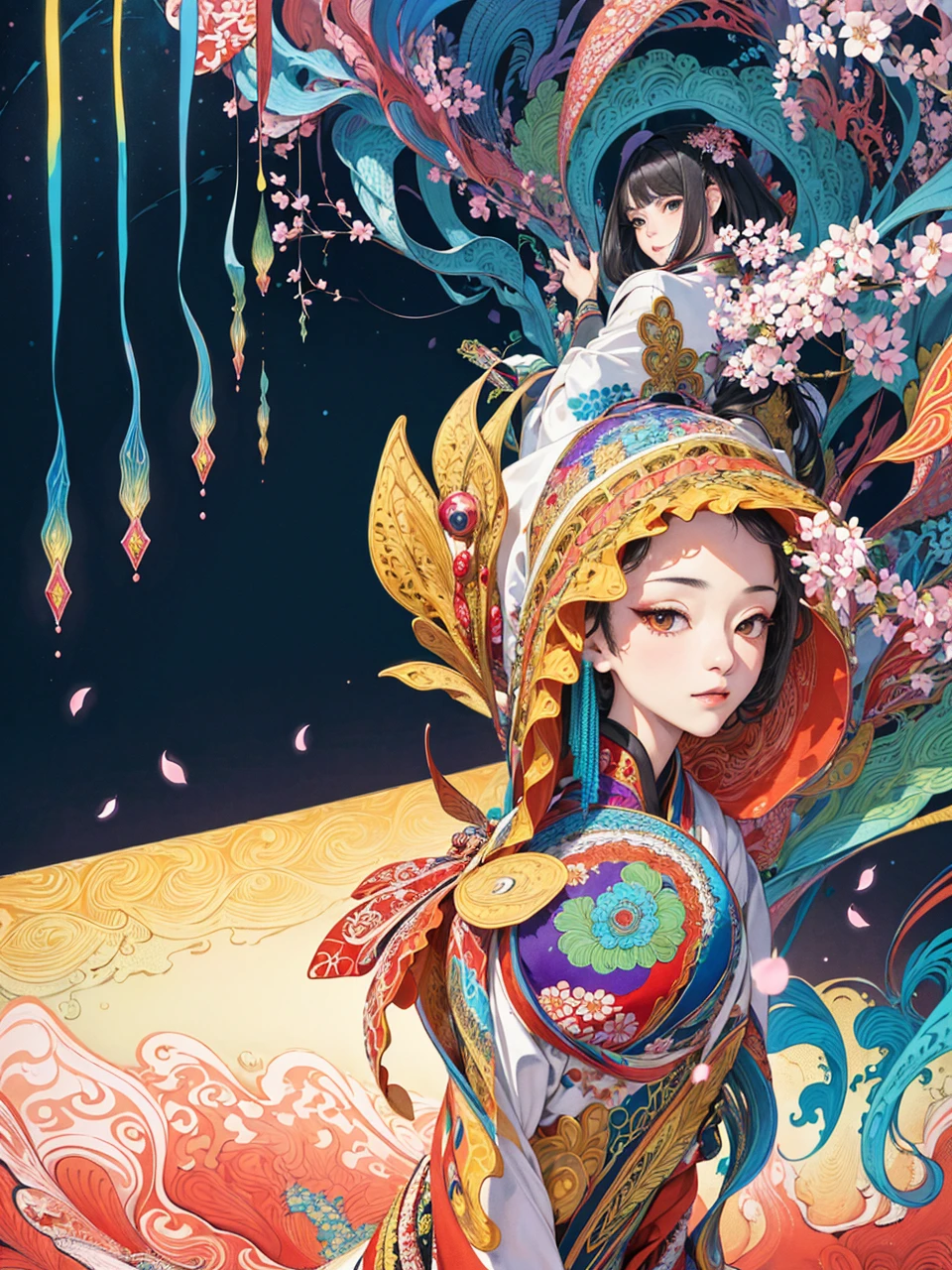 (masterpiece, top quality, best quality, official art, beautiful and aesthetic:1.2), extremely detailed,(fractal art:1.2),colorful,highest detailed,(zentangle:1.2), (dynamic pose), (abstract background:1.5), (many colors:1.4),
1 girl, (MF-SD15-V1:0.8), black hair, hanfu, song style, cherry blossom season,