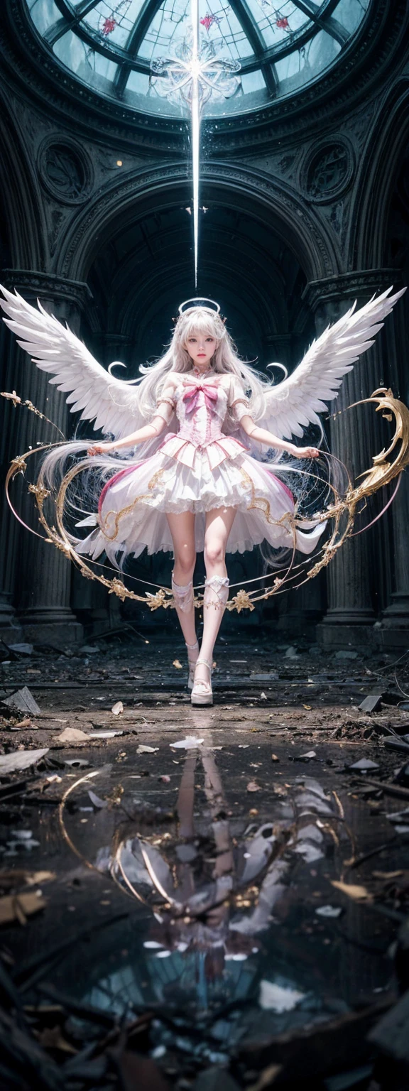 portrait, Long hair, White hair, Golden Eyes, 1 Girl, head, Face, Magical girl, absurdes, masterpiece, best quality, Magical girl costume, ((Mahou Shoujo)), short hair, desolate, ruins, Dynamic poses, Revelation, Spellcasting, Style - Glass, full-body shot