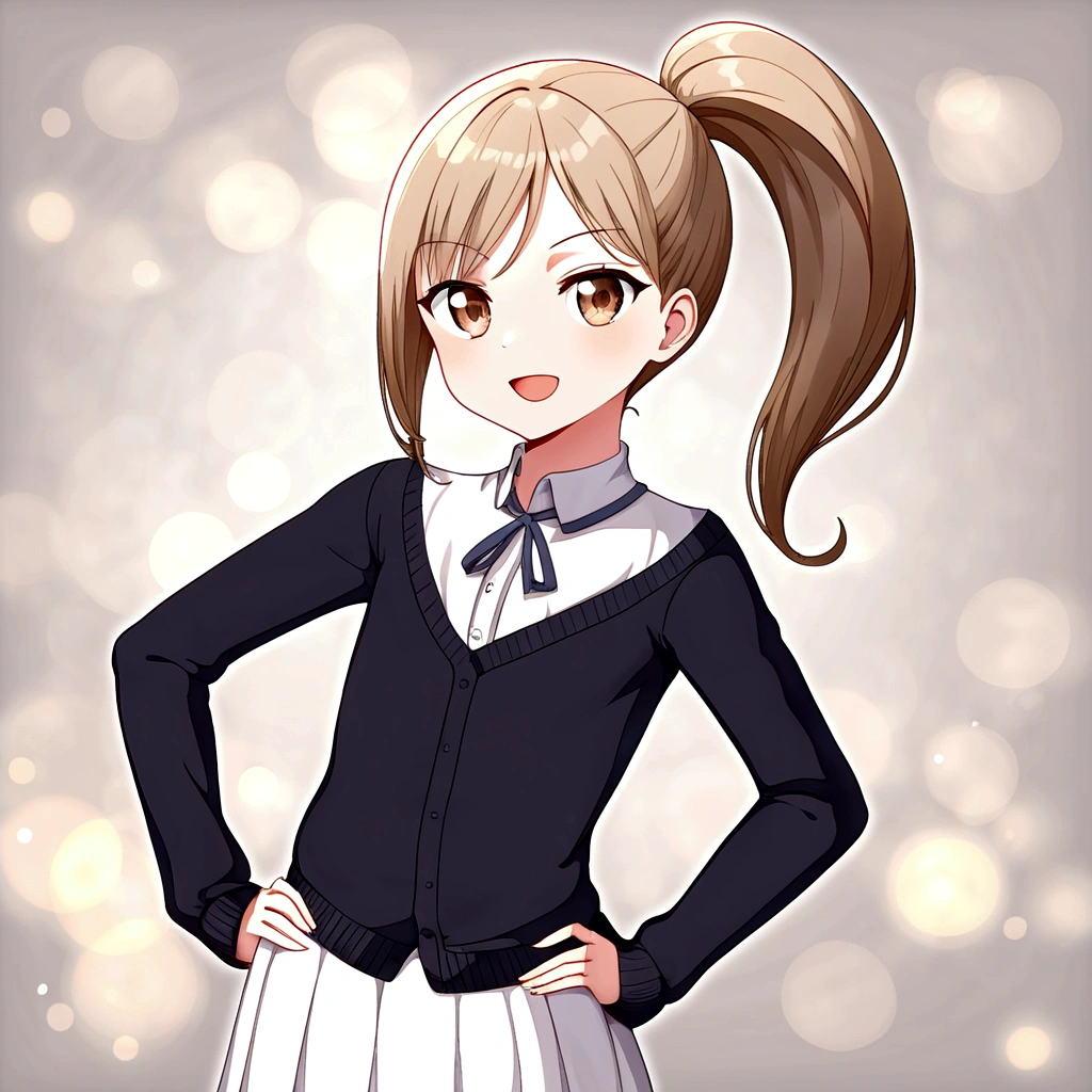 Masterpiece, Best Quality, Color, lineart, Young Woman, solo , 20 years old , flat chest ,Single, Ponytail, Light Brown Hair , Dazzling ,Black Cardigan, white tshirts, Long White Skirt, smirk , standing , hand on hip , open eyes , looking at viewer , open mouth ,  from front , white backqround , simple backqround ,Shallow Depth Of Field, Ambient Light, High Detail, High Budget, Bokeh, Cinemascope, Moody, Epic, Gorgeous film grain, graininess