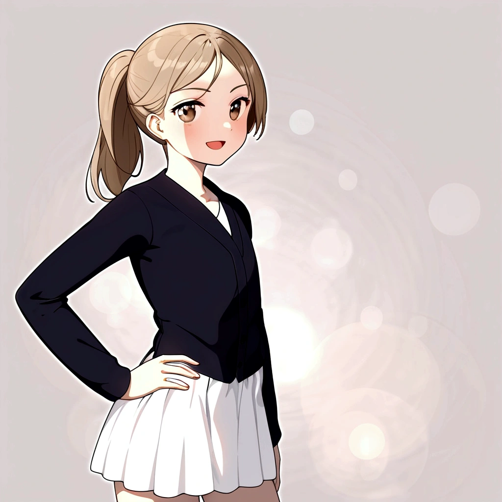 Masterpiece, Best Quality, Color, lineart, Young Woman, solo , 20 years old , flat chest ,Single, Ponytail, Light Brown Hair , Dazzling ,Black Cardigan, white tshirts, Long White Skirt, smirk , standing , hand on hip , open eyes , looking at viewer , open mouth ,  from front , white backqround , simple backqround ,Shallow Depth Of Field, Ambient Light, High Detail, High Budget, Bokeh, Cinemascope, Moody, Epic, Gorgeous film grain, graininess