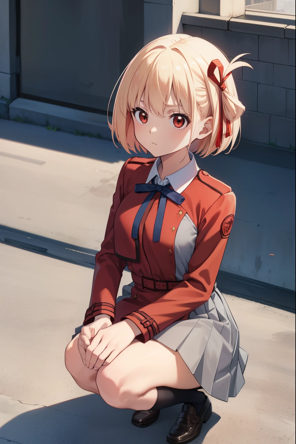 (masterpiece:1.2), Highest quality, High resolution, unity 8k wallpaper, (figure:0.8), (Beautiful attention to detail:1.6), Highly detailed face, Perfect lighting, Highly detailed CG, (Perfect hands, Perfect Anatomy), Chisato Nishiki, short hair, bangs, Blonde, (Red eyes:1.5), Hair ribbon, One side up, Bobcut,
Break Shirt, Long sleeve, dress, ribbon, White shirt, Collared shirt, belt, Neck ribbon, Red dress, Blue ribbon, Pleated dress, grey dress, Two-tone dresses, Red belt, Licorice Uniform, black high socks, loafers, Outdoor rest, city, View your viewers, squatting, from above