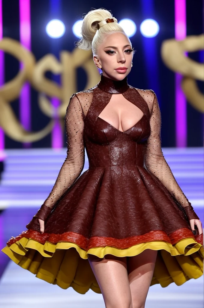 Lady Gaga wears a dress made from fresh beef, on the catwalk