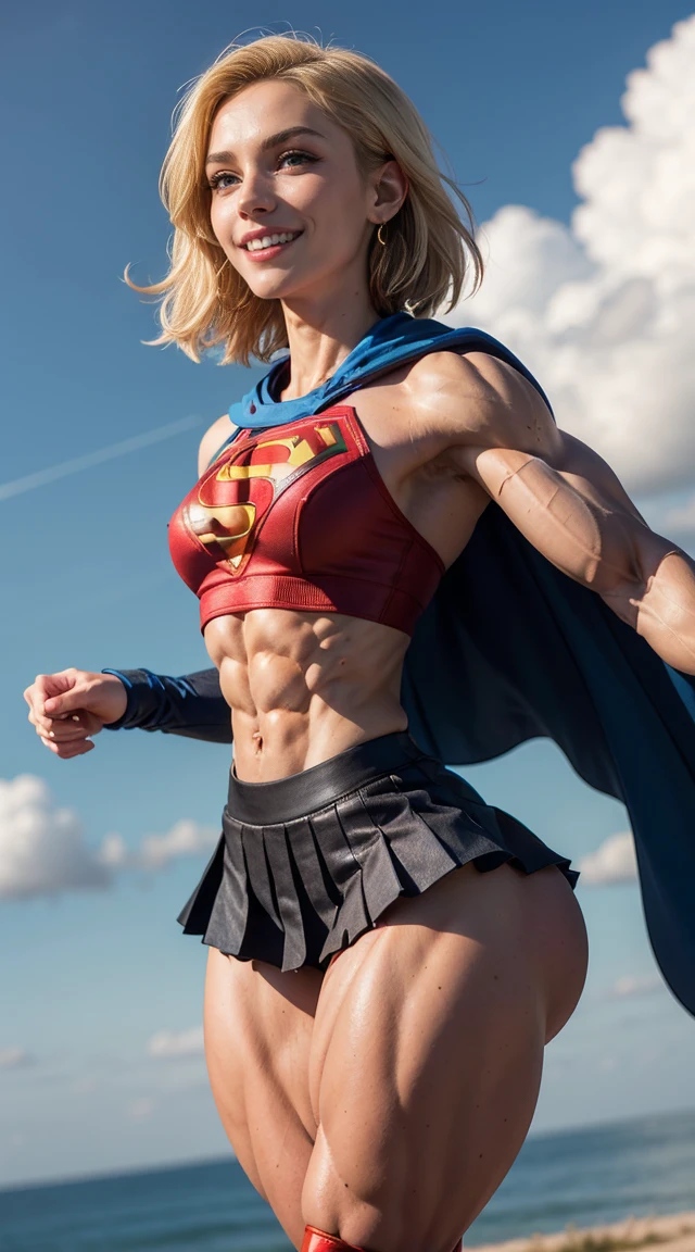 (Muscular:2), (thick thighs:2),
(blonde female:1.3), supergirl, (big smile:1.4),
earrings, lipstick, eyeshadow,
hard nipples,
(small cape:1.3), (pleated skirt:1.4), (blue superman tanktop, midriff),
(looking at viewer:1.6), (three quarter view), (upper body view:1.9),
(floating, in midair, sky and clouds background:1.3), rim lighting, two tone lighting, dim lighting, bokeh, detailed skin, detailed eyes