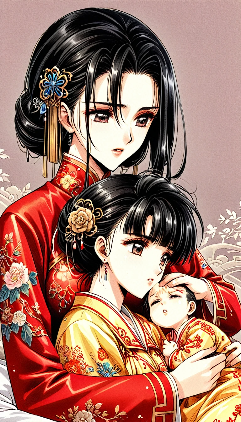 A tragic historical drama in 8k live-action style: Beautiful palace secrets　Beautiful -yeld Chse girl with long black hair　Gorgeous embroidery, Ultra glossy, She is wearing shiny red long sleeve floral pajamas....　　　She is breastfeeding her baby