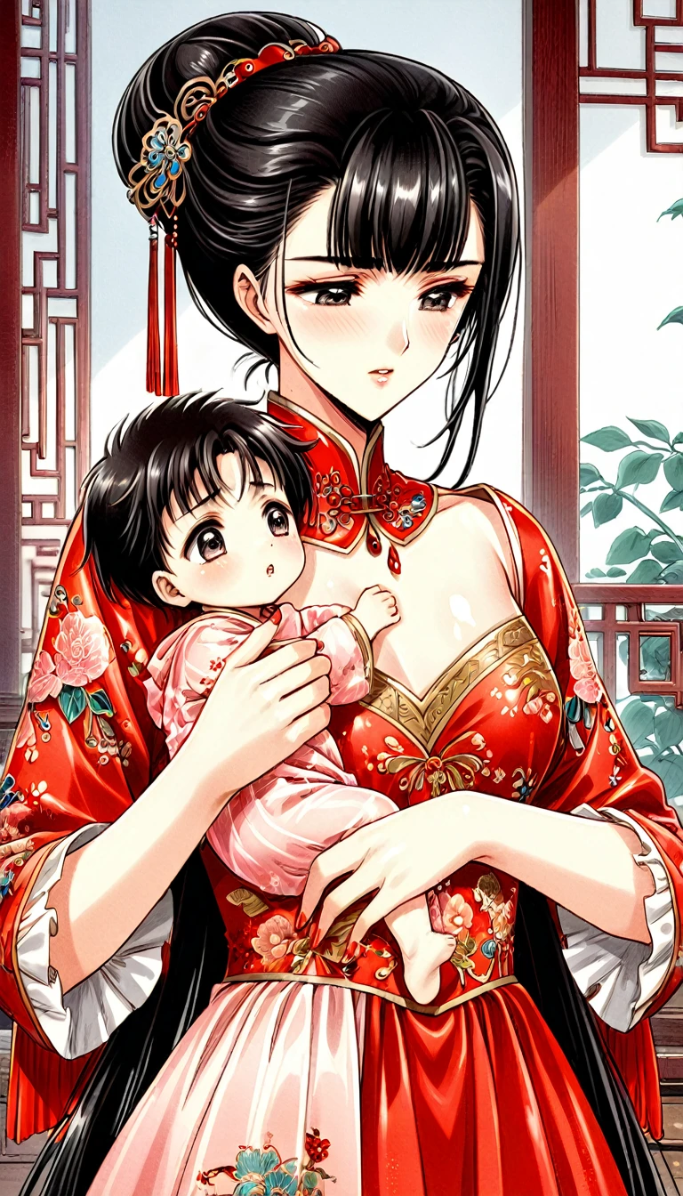 A tragic historical drama in 8k live-action style: Beautiful palace secrets　Beautiful -yeld Chse girl with long black hair　Gorgeous embroidery, Ultra glossy, She is wearing shiny red long sleeve floral pajamas....　　　She is breastfeeding her baby