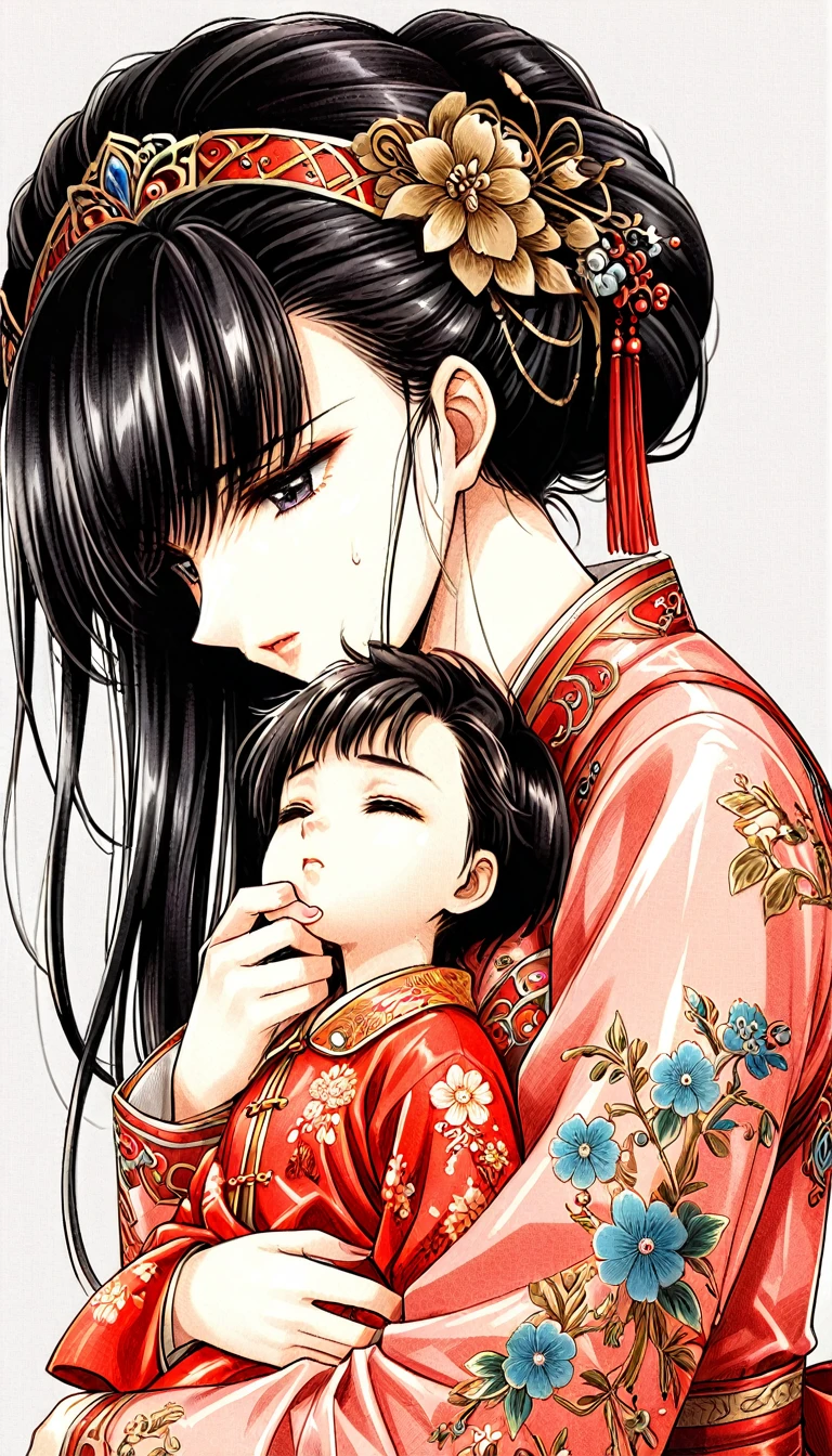 A tragic historical drama in 8k live-action style: Beautiful palace secrets　Beautiful -yeld Chse girl with long black hair　Gorgeous embroidery, Ultra glossy, She is wearing shiny red long sleeve floral pajamas....　　　She is breastfeeding her baby