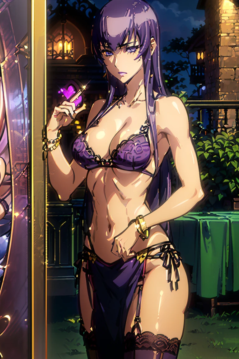 ((1girl, solo ,alone)), ((solo, 1woman, (busujima saeko, purple hair, long hair, purple eyes, pink lipstick, woman, lipstick), Extremely detailed, ambient soft lighting, 4k, perfect eyes, a perfect face, perfect lighting, a 1girl)), ((solo, (1woman, lipstick), Extremely detailed, ambient soft lighting, 4k, perfect eyes, a perfect face, perfect lighting, a 1girl)), , ((fitness,, shapely body, athletic body, toned body)), (( lace lingerie, leopard print lingerie, cleavage, mansion, staircase, wooden furniture, modern decoration, living room, emerald necklace, bracelets, mansion, wood, balcony, glass door, , posing))