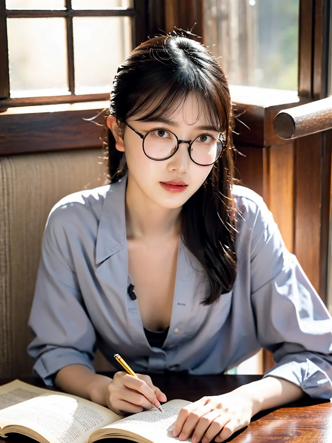 20 yo woman, black hair, short ponytail, ((thin frame round glasses)), thinking face, (wearing opened button shirt,medium breasts with cleavage), sitting, studying, BREAK, lying hand on table, holding pencil, opened book, books, a cup off milk, table lamp, BREAK, in living room, wall decor, mini library, glass window, wall clock,BREAK, cinematic light, photorealistic, masterpiece, best quality, complex CG, high detailed face, high detailed eyes, ((natural big breast))