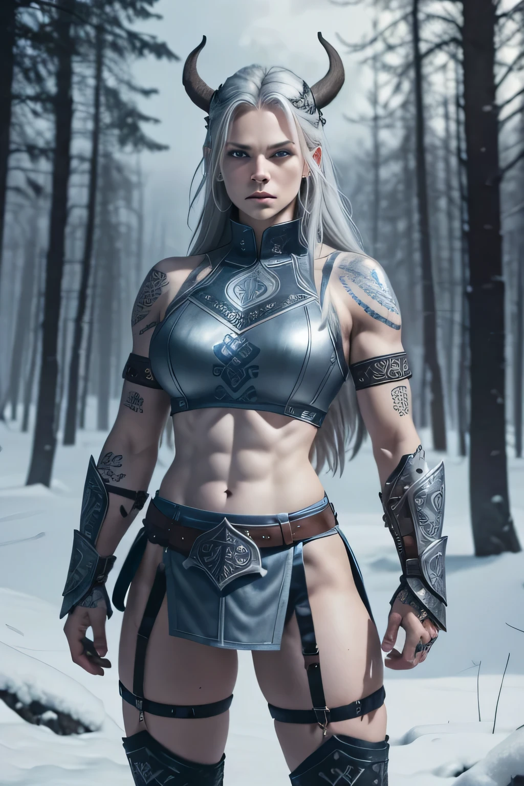 female Vikings, (angry), (young), (muscular), fit, wear steel armor, (((wears full plate armor decorated with runes))) ,(((blue Nordic tattoos))), blue eyes, platinum blonde hair, (Dreadlocks), (Side shave), Warrior Hair, The setting is a Scandinavian forest in winter, snow, strong bare arms, suspended Marine, (abs). muito detalhado, Nordic, berserker, largee Armmuskeln, leg muscles, (bulky), Leather straps, (largee Brüste), Waist up, wide waist, sturdy, (large),(((pale grey-blue skin)))