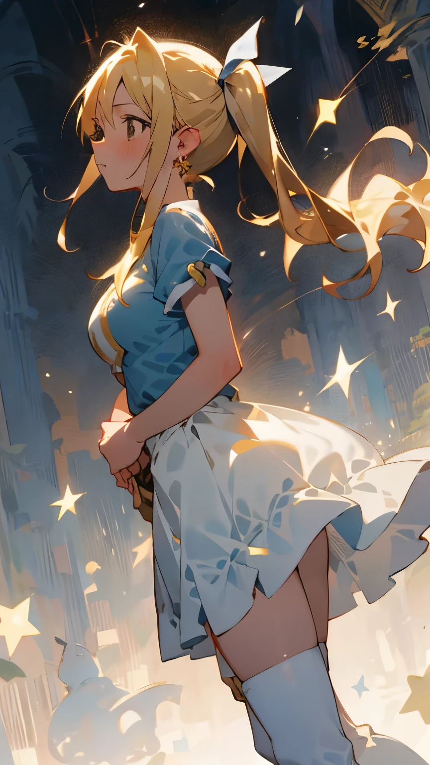 -yeld giOne girl,Turn to the side and kiss、Expressionless、Fantastic look、Fairy, Pointed Ears, masterpiece, Highest quality, High resolution, Lucy Heartfilia, Lucy Heartfilia, One girl, alone, Blonde Hair, Brown eyes, Long Hair, Side Ponytail, Hair Ribbon, Big Breasts, Earrings, Thigh-high boots, Blue Shirt, No sleeve, White Skirt, Dark Background, 星light,Turn to the side and kiss