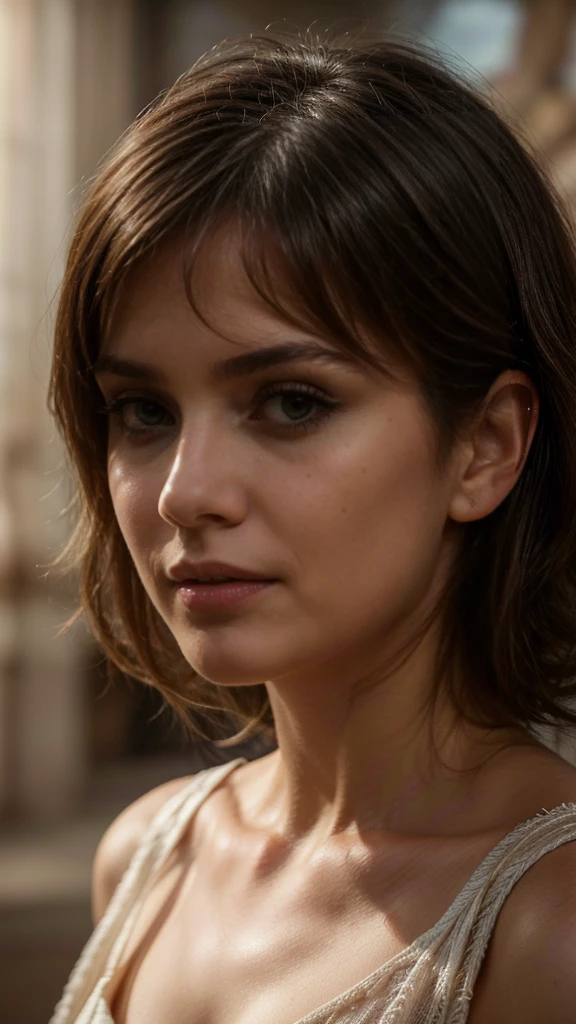 a beautiful woman, 26 years old, brunette, wispy bangs, detailed eyes, detailed lips, flawless skin, serene expression, elegant pose, soft lighting, warm color palette, cinematic composition, masterpiece, highly detailed, photorealistic, 8k, hyperrealistic