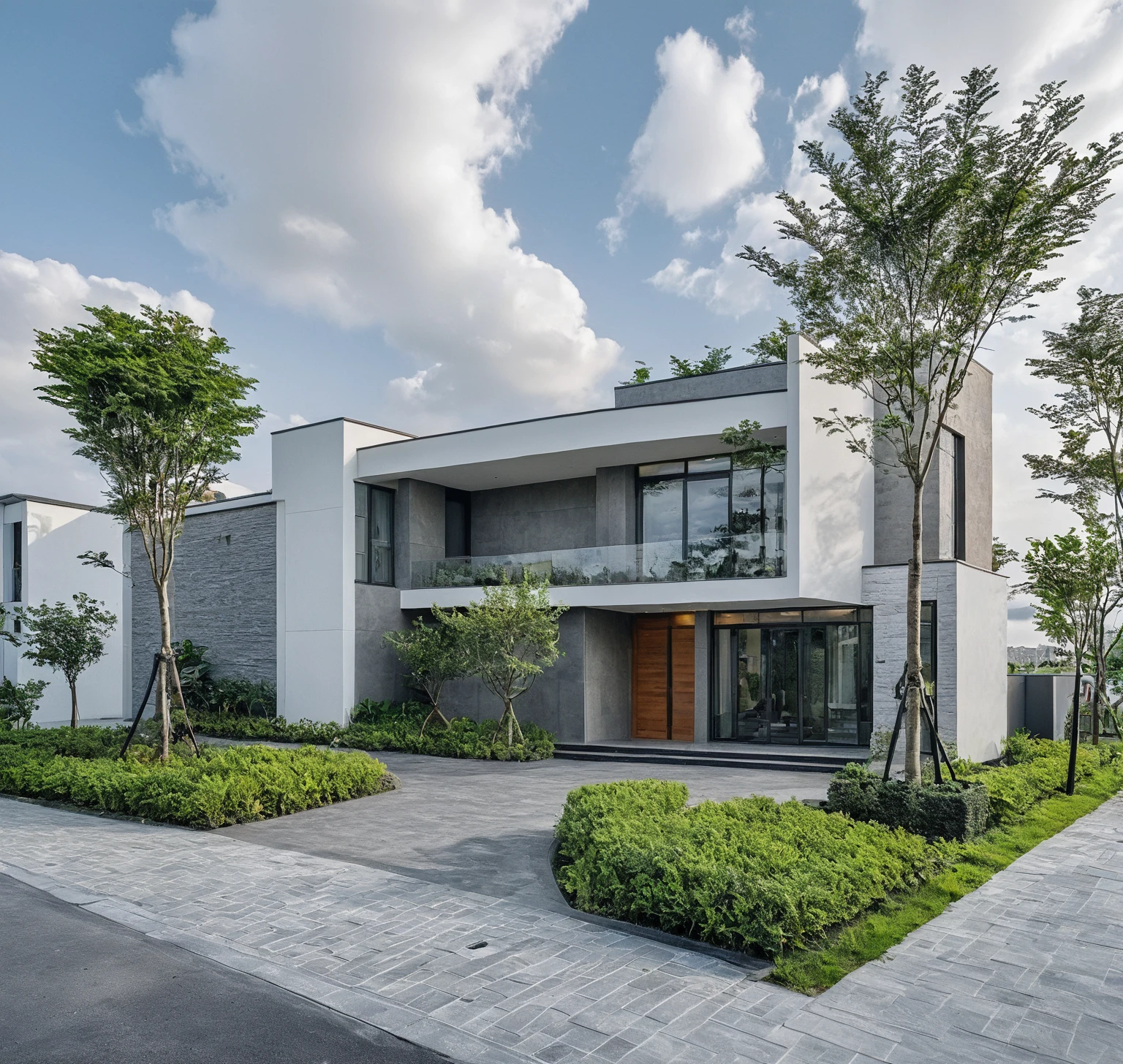 Raw photo, masterpiece, high quality, best quality, realistic, super detailed, outdoor, 2-storey house, modern townhouse style, (white wall), curved wall facade, aluminum interior door glass, curved planter, gray tiled accent wall, gray iron box exterior gate, road, sidewalk, grass, trees, sky, clouds, (daylight):1.1)