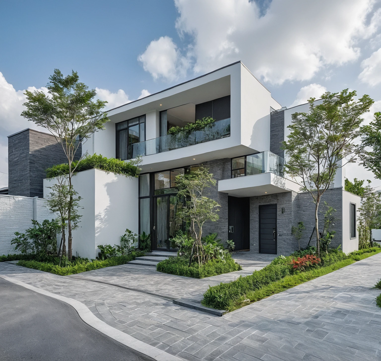 Raw photo, masterpiece, high quality, best quality, realistic, super detailed, outdoor, 2-storey house, modern townhouse style, (white wall), curved wall facade, aluminum interior door glass, curved planter, gray tiled accent wall, gray iron box exterior gate, road, sidewalk, grass, trees, sky, clouds, (daylight):1.1)