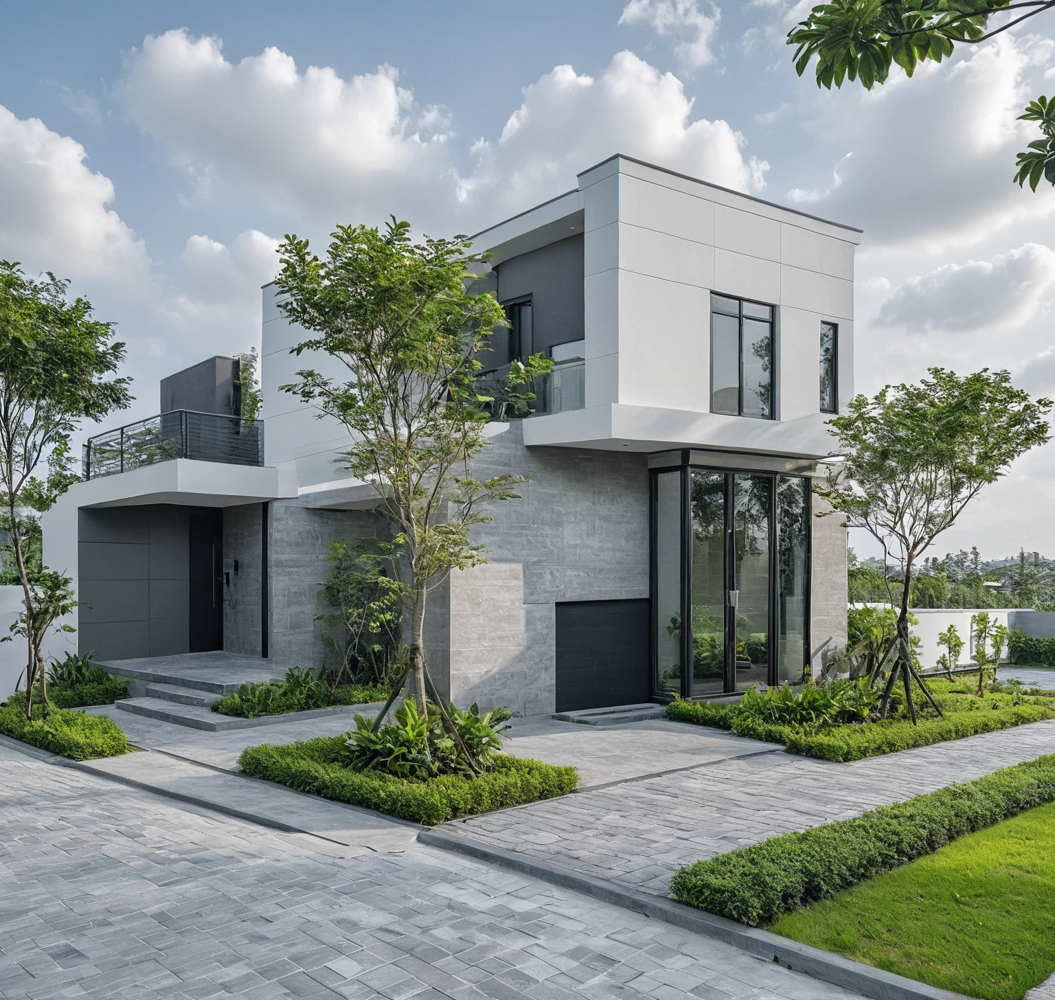 Raw photo, masterpiece, high quality, best quality, realistic, super detailed, outdoor, 2-storey house, modern townhouse style, (white wall), curved wall facade, aluminum interior door glass, curved planter, gray tiled accent wall, gray iron box exterior gate, road, sidewalk, grass, trees, sky, clouds, (daylight):1.1)