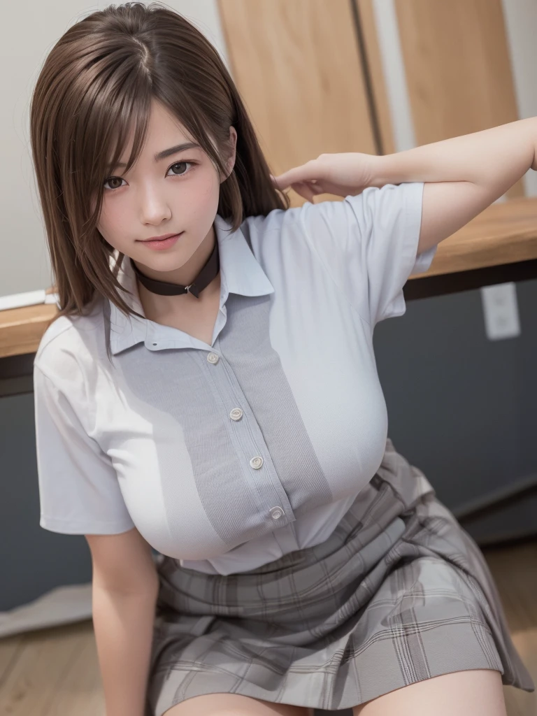 (masterpiece:1.2, Highest quality), (Realistic, photoRealistic:1.4), Beautiful illustrations, (Natural Side Lighting, Cinema Lighting), Browsing Caution,
View your viewers, Cowboy Shot, Front view:0.6, 1 Girl, Japanese, high School girl, Perfect Face, Cute and symmetrical face, Shiny skin,
(Long Hair:1.5, Side Ponytail:1.4, Brown Hair), Hair on one eye, Chestnut brown eyes, Long eyelashes, (Large :0.6, Thick thighs),
Beautiful Hair, Beautiful Face, Beautiful attention to detail, Beautiful clavicle, Beautiful body, Beautiful breastsiful thighs, Beautiful feet, Beautiful fingers,
((Collared short-sleeved shirt, White shirt, , Grey plaid pleated skirt, Blue checked bow tie)), White panties,
(Beaviews), School, (squat, Lift up your skirt, Grab the hem of the skirt, Place your hand on your chest, Place your hands between your legs), (Cute smile, Upward glance),