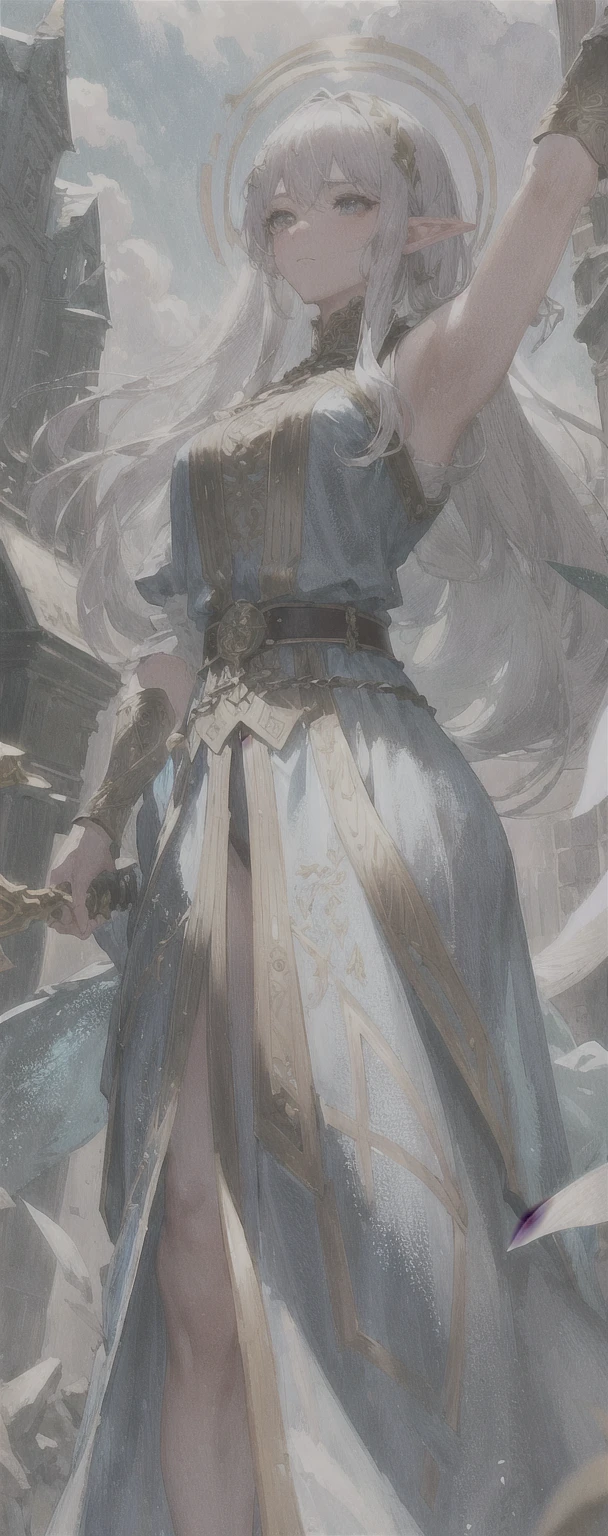 silver-haired elves、Has a beautiful giant sword、Gold decorated weapon、The blade is thick、Beautifully decorated blade、