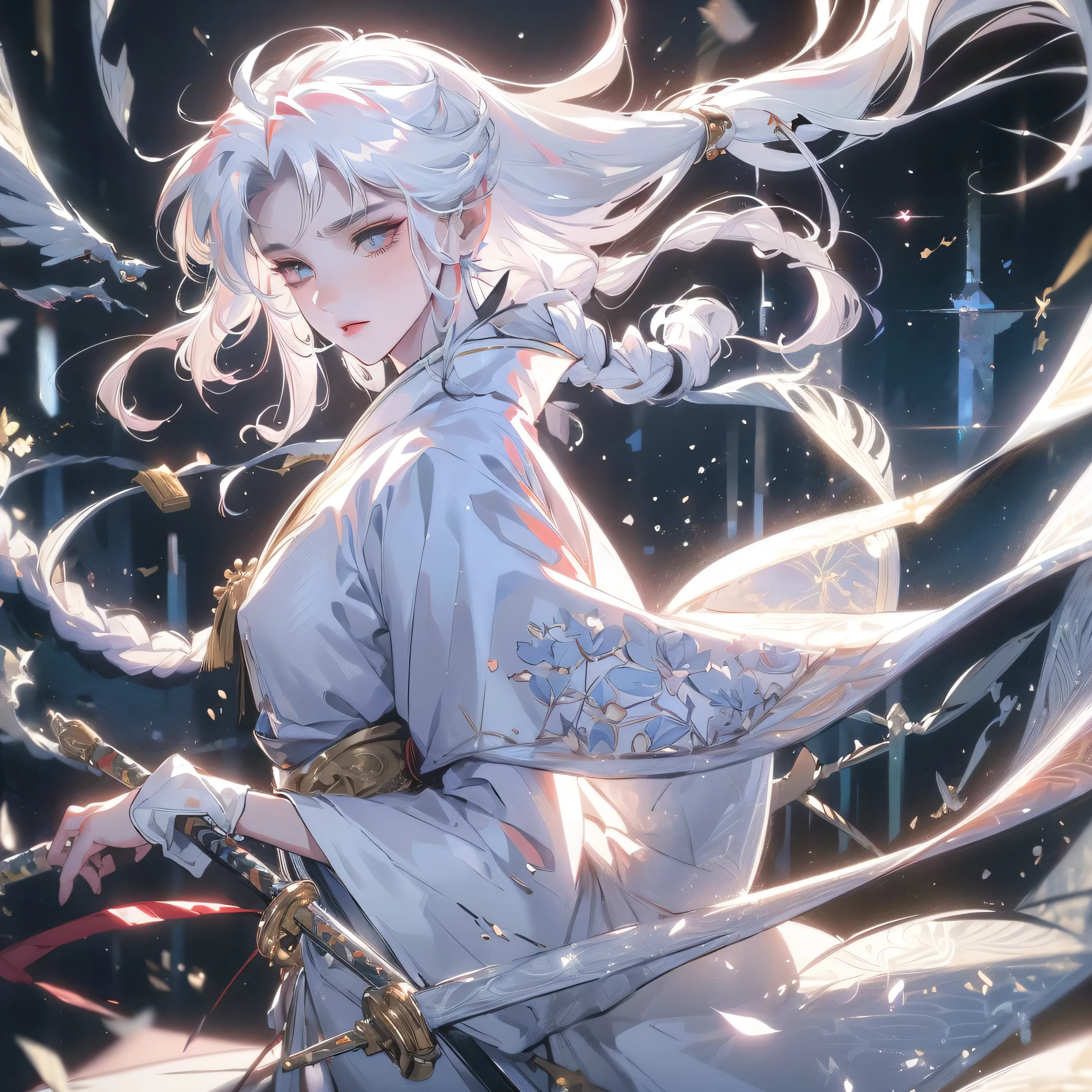 Handsome young man with long white hair wear white kimono,, handsome face, manly, close shot, hd, 8k, close face, intricate details, highly detailed, 8k hd unreal engine, dreamy, white kimono, magic glitter, dark fantasy, fur scarf on right shoulder, sword, inuyasha sesshoumaru