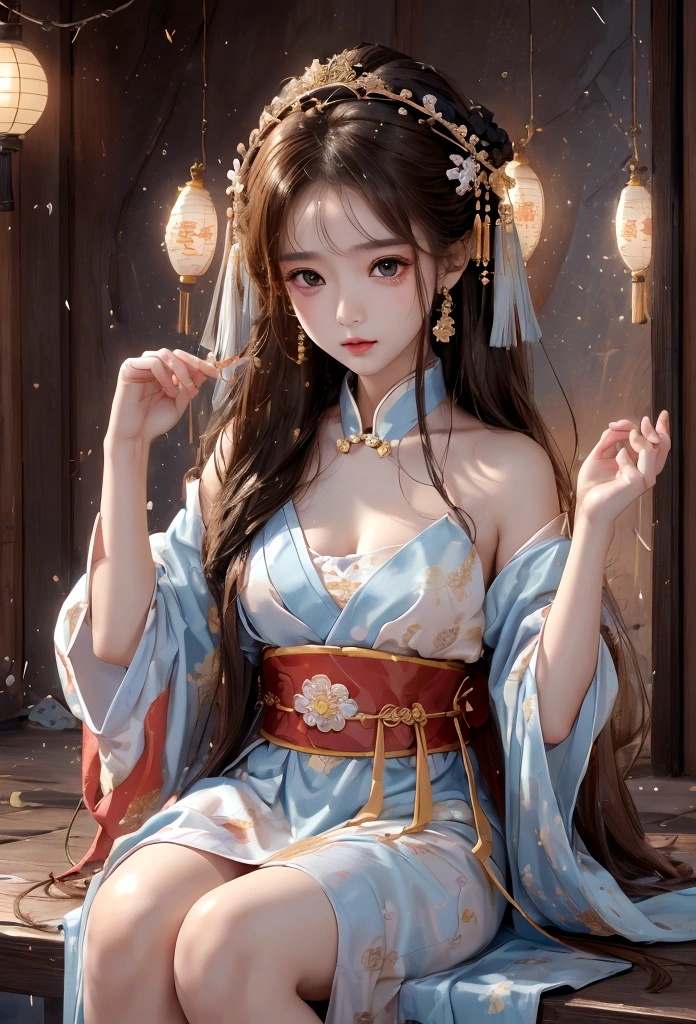 Best image quality、8K、masterpiece：1.3))、Realistic high-quality photos、Highest quality、Girl cute beautiful face、Beautiful 16 year old Japanese girl、Photos of slim models、Beautiful girl model、若いJapanese girl、Young and pretty face、Japanese girl、 year old female model、Beautiful model girl、The innocent look of the girl next door、A lovely and delicate face、Brown Hair、Beautiful brown eyes、Tear bags、drooping eyes、Young Body、(Finely scattered splashes of color), (figure),(((1 Girl))),(Long Hair),(rain:0.9), (Headdress: 1.4), There is an ancient palace next to the girl., Hanfu, (emphasize),  ink painting, (Spattered colors), Spattered colors, (((colorful))), (sketch: 0.8), Tabletop, Highest quality, Beautifully drawn, verydetailedな,(Noise Reduction:0.6),[Splash Ink],((Ink Refraction)), (美しくdetailedな空),moon,very,detailed,(Tabletop, Highest quality, verydetailedな)、Small breasts、Exposed thighs