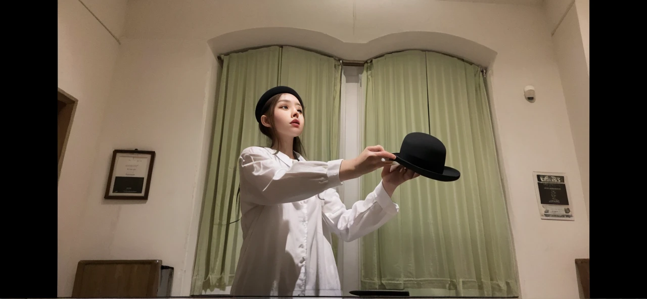 A girl is holding a bowler hat、White clothes、Highest quality、The location is the theater、clean、Long Hair、Not wearing a hat
