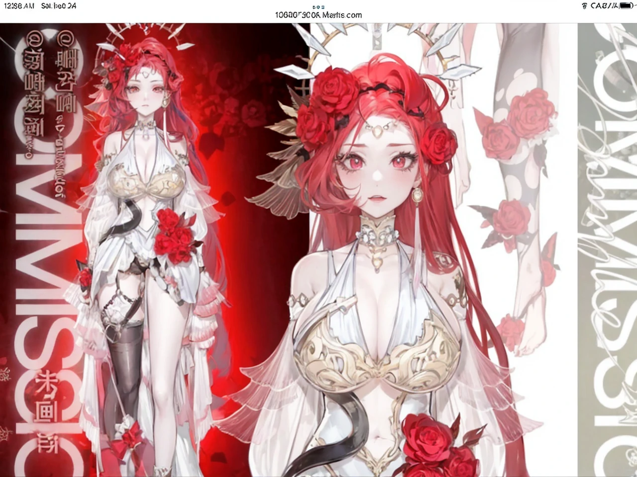 Make me an anime girl with curly pink and blue hair, with clock spring eyes, wonderland style, big black and red queen of heart dress, with a big red bow, and a mad hatter’s hat with bunny ear’s sticking out of the hat, and a big fluffy tail, with a long colorful dress, reference sheet back and front view