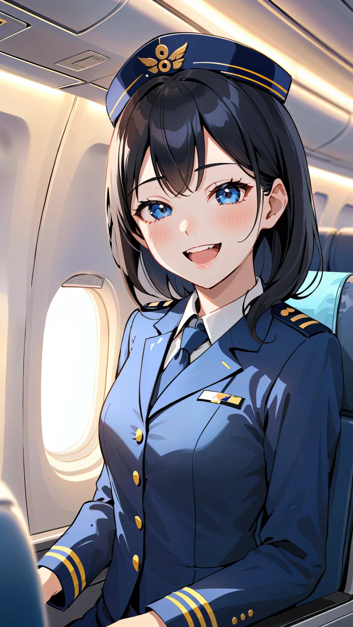 Japanese cabin attendant、Black Hair、a beautiful woman wearing navy-blue air hostess uniform, Inside the plane、Welcome guests、A cheerful smile、Laughing with mouth open、