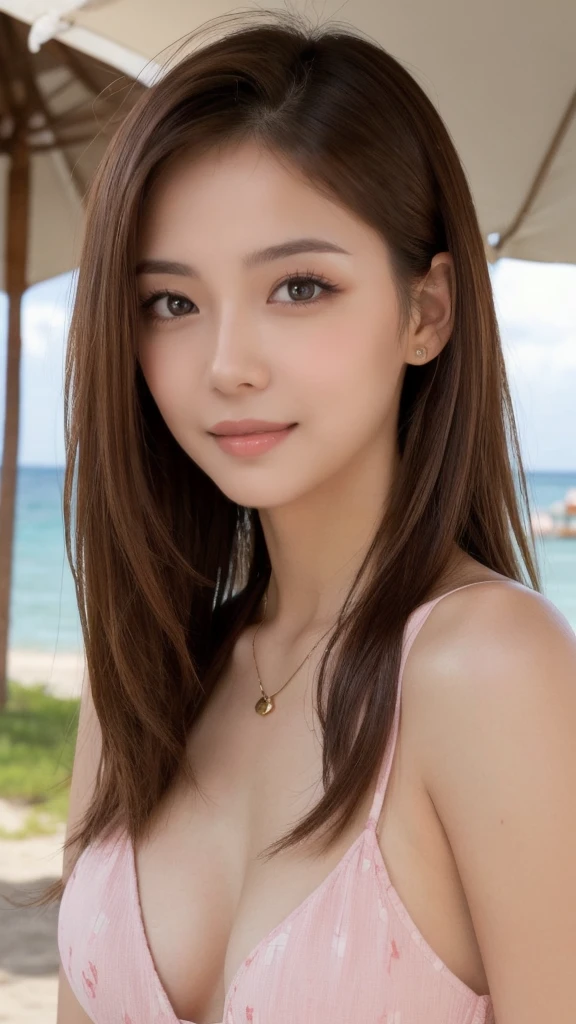 Solo Detailed and realistic portrait of a beautiful young Asian woman. She has long light brown hair and big light brown eyes. ((Medium chest, Tomboyish, Small head)), Sunlight, Sunshine, (Chief Abs: 1.1), (Perfect Body: 1.1), Auburn Hair, Necklace, Full Body Shot, Best Quality, One beautiful woman, Long hair, Brown hair, Eating pink shaved ice at beach shack. Cold and delicious face