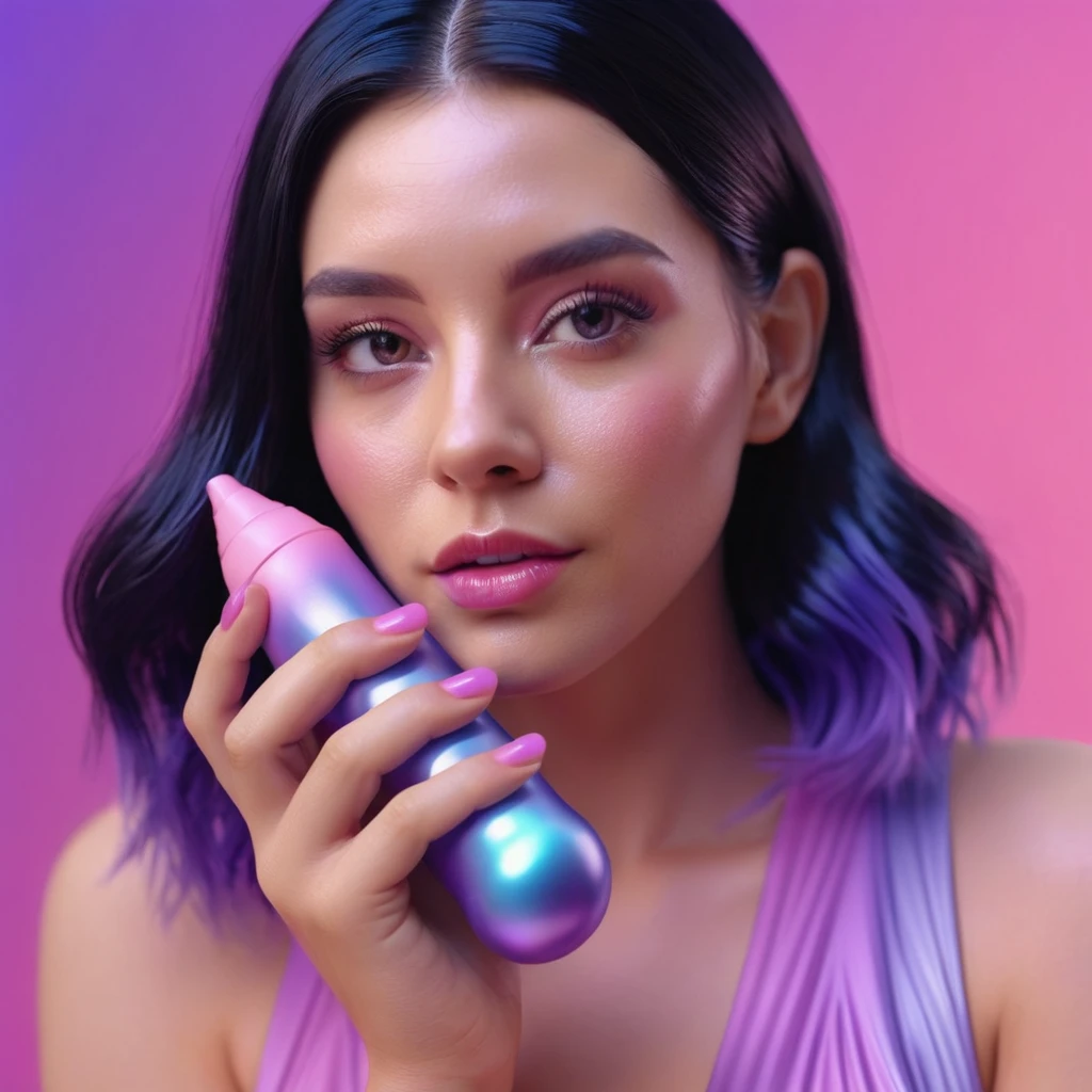 smartphone in her hand, blackhair female hands holding dildo to her face, that is glowing with pink and purple colours, dripping wet, closeup macro photo, minimalistic, in a light purple and pink style, with soft edges and blurred details, in the toycore style, with a 3D render, on a colorful background, with a minimalist stage design, in a surreal style, with a cinema4D rendering, with a minimalist style, with low saturation, using gradient colors, with a cinema4D rendering, with a blender rendering, with super detail, at a super high resolution, at a super high definition