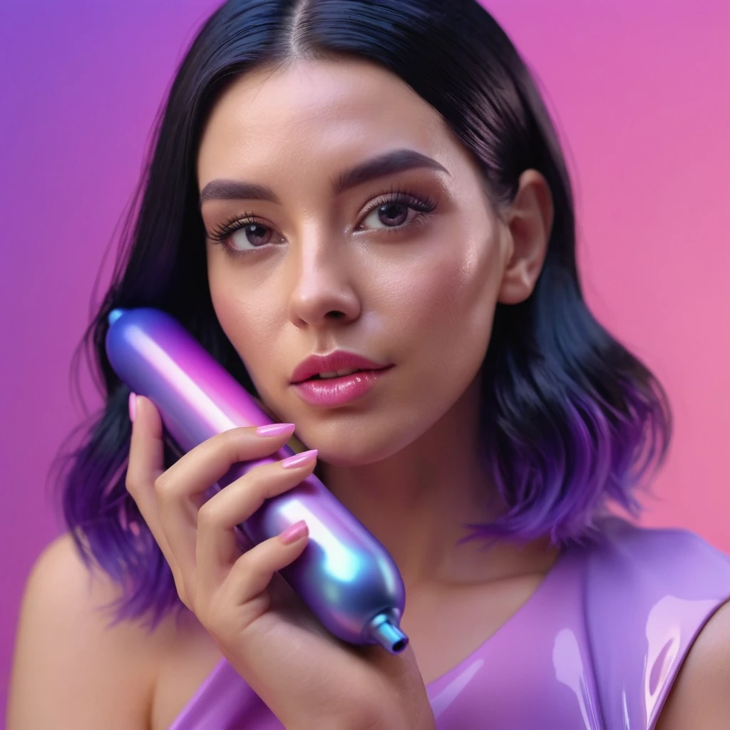 smartphone in her hand, blackhair female hands holding dildo to her face, that is glowing with pink and purple colours, dripping wet, closeup macro photo, minimalistic, in a light purple and pink style, with soft edges and blurred details, in the toycore style, with a 3D render, on a colorful background, with a minimalist stage design, in a surreal style, with a cinema4D rendering, with a minimalist style, with low saturation, using gradient colors, with a cinema4D rendering, with a blender rendering, with super detail, at a super high resolution, at a super high definition