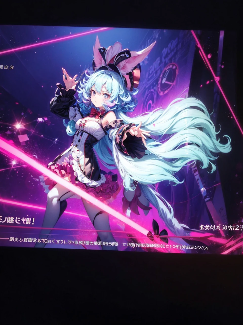 Make me an anime girl with curly pink and blue hair, with clock spring eyes, wonderland style, big black and red queen of heart dress, with a big red bow, and a mad hatter’s hat with bunny ear’s sticking out of the hat, and a big fluffy tail, with a long colorful dress, reference sheet back and front view