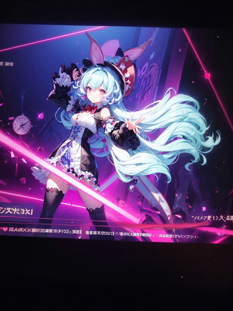 Make me an anime girl with curly pink and blue hair, with clock spring eyes, wonderland style, big black and red queen of heart dress, with a big red bow, and a mad hatter’s hat with bunny ear’s sticking out of the hat, and a big fluffy tail, with a long colorful dress, reference sheet back and front view