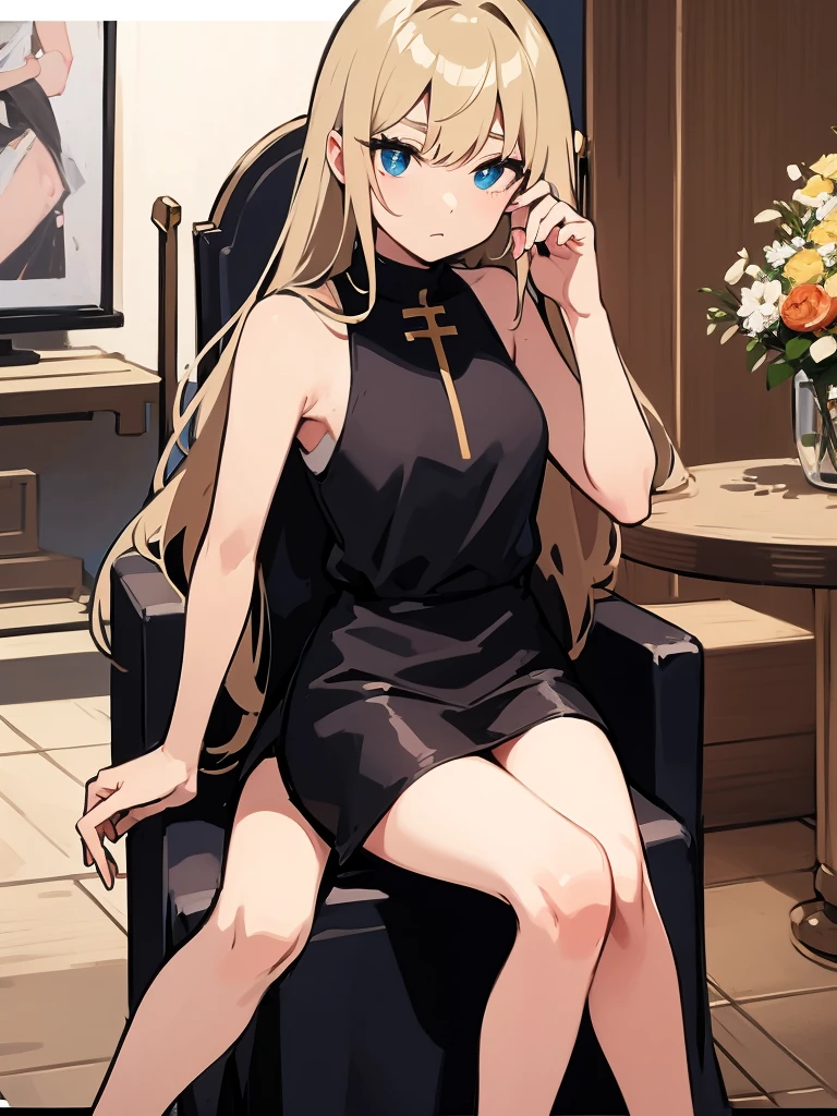 Sitting on the throne、sit on a chair, cross one's legs、Sleeveless、'No sleeve' is embarrassing、Embarrassed、Only the face、Face Up、1 person、No sleeve、ahegao、ponytail、bionde、amount、Blue Leather Shirt、sara、No sleeve、best quality, super fine illustration,(((beautiful fine hair))),(((beautiful fine face))),(((beautiful fine background))),blue-black leather pants, silver zipper,belt below the waist,super fine illustration,(((beautiful fine hair))),(((beautiful fine face))),(((beautiful fine background))),normal small size,bangs bangs ,(((beautiful fine hair))),(((beautiful fine face))),(((beautiful fine background))),blond hair , showing forehead, silver center zipper, leather blue black bodysuit, sleevelesblue blacks, shiny, bionde ponytail