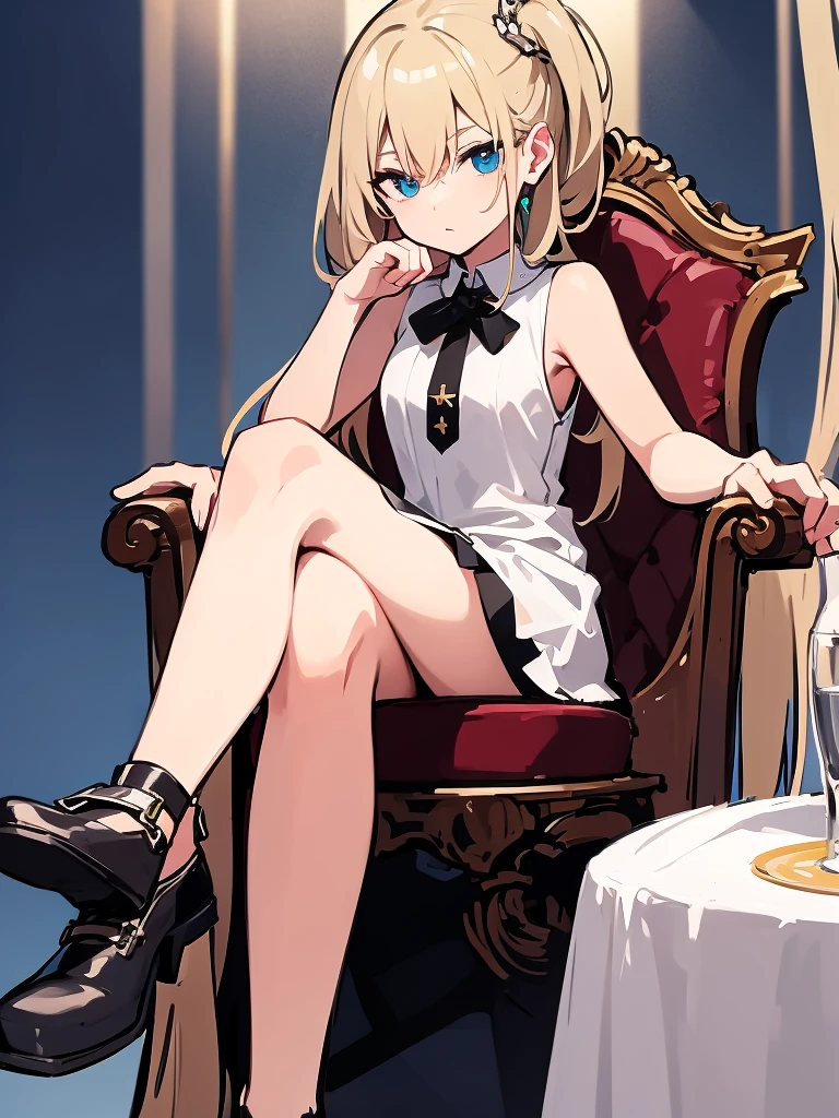 Sitting on the throne、sit on a chair, cross one's legs、Sleeveless、'No sleeve' is embarrassing、Embarrassed、Only the face、Face Up、1 person、No sleeve、ahegao、ponytail、bionde、amount、Blue Leather Shirt、sara、No sleeve、best quality, super fine illustration,(((beautiful fine hair))),(((beautiful fine face))),(((beautiful fine background))),blue-black leather pants, silver zipper,belt below the waist,super fine illustration,(((beautiful fine hair))),(((beautiful fine face))),(((beautiful fine background))),normal small size,bangs bangs ,(((beautiful fine hair))),(((beautiful fine face))),(((beautiful fine background))),blond hair , showing forehead, silver center zipper, leather blue black bodysuit, sleevelesblue blacks, shiny, bionde ponytail