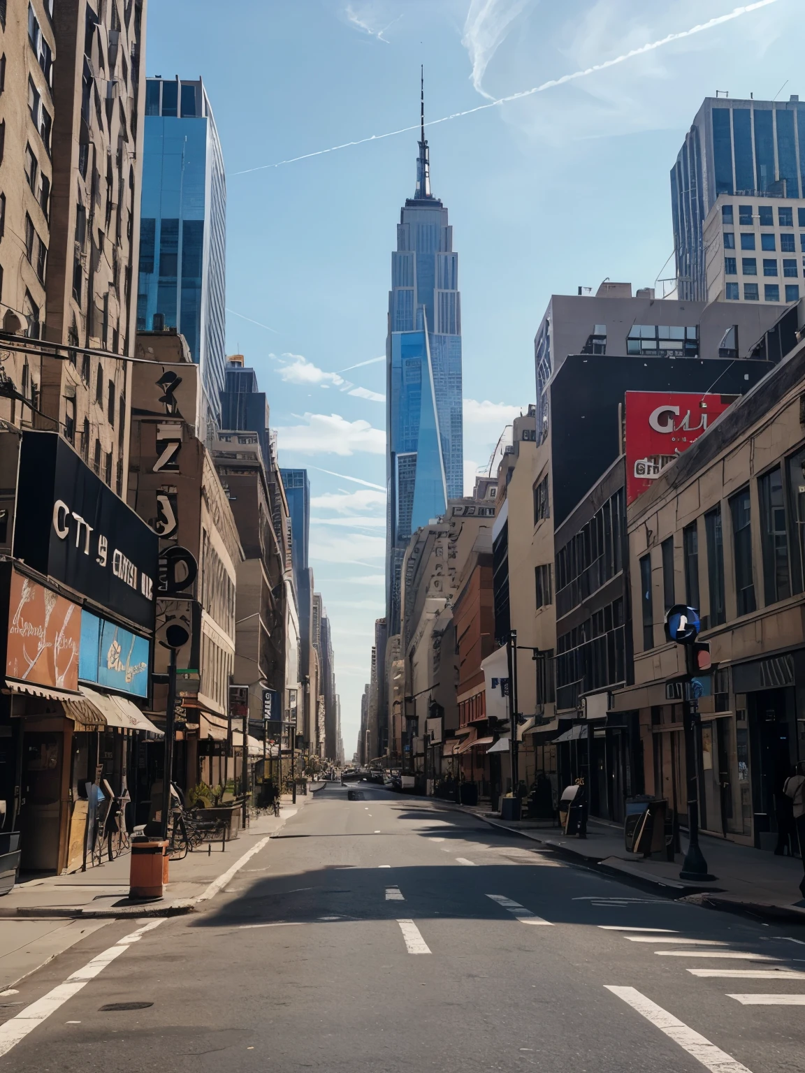 a city street filled with lots of tall buildings, a picture, pexels, theater stage, new york background, mobile wallpaper, deserted
